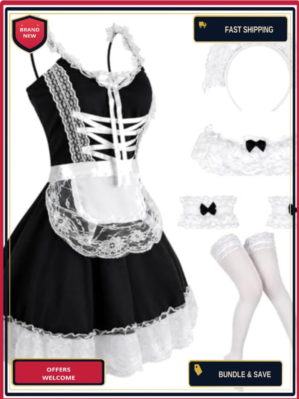 Maid Cosplay Costume Set Apron Stockings Headband Women Halloween Dress
